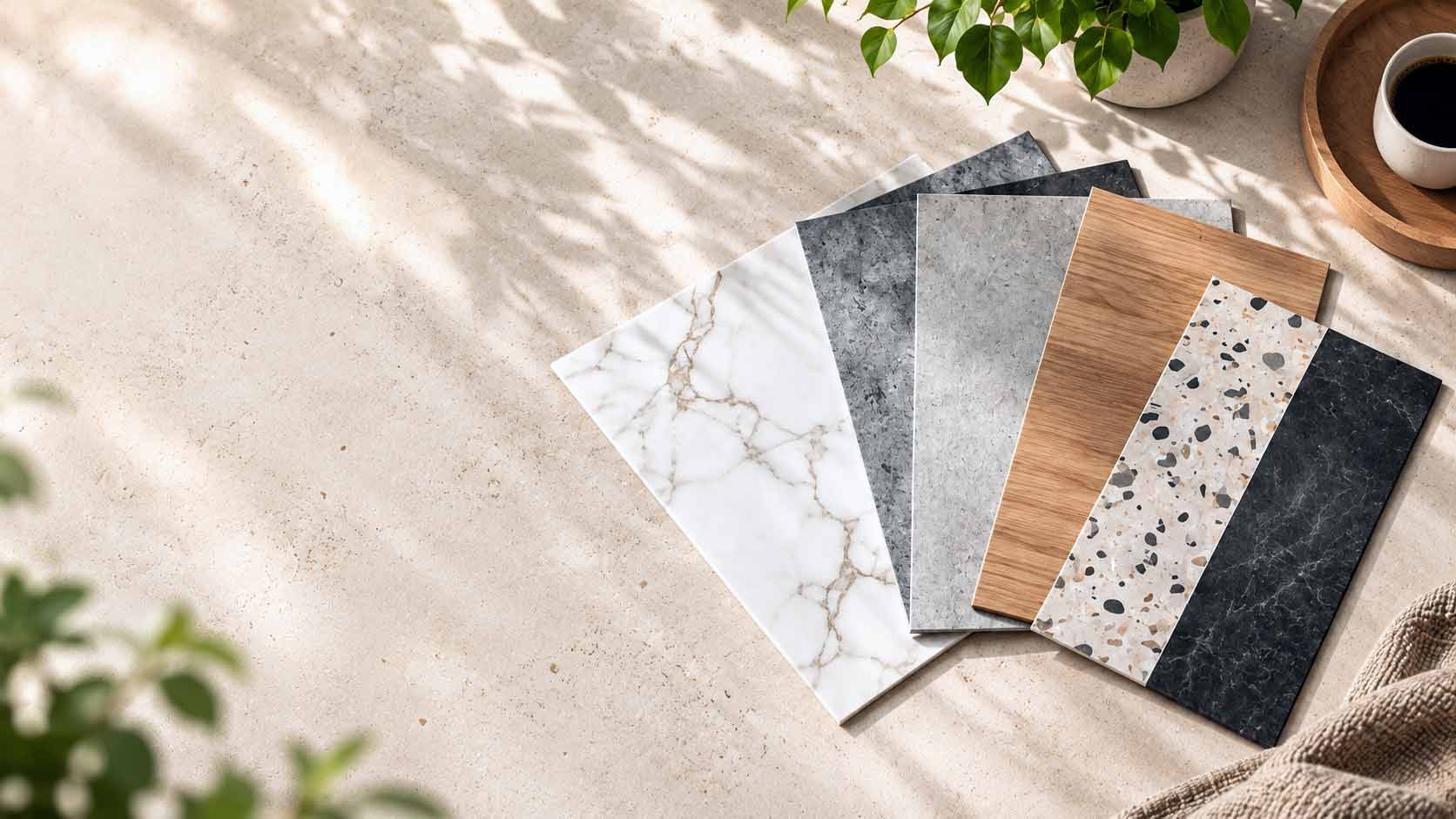 Aufgefächerte A4-Muster für Küchenrückwand-Folie in verschiedenen Designs auf einer hellen Arbeitsfläche.