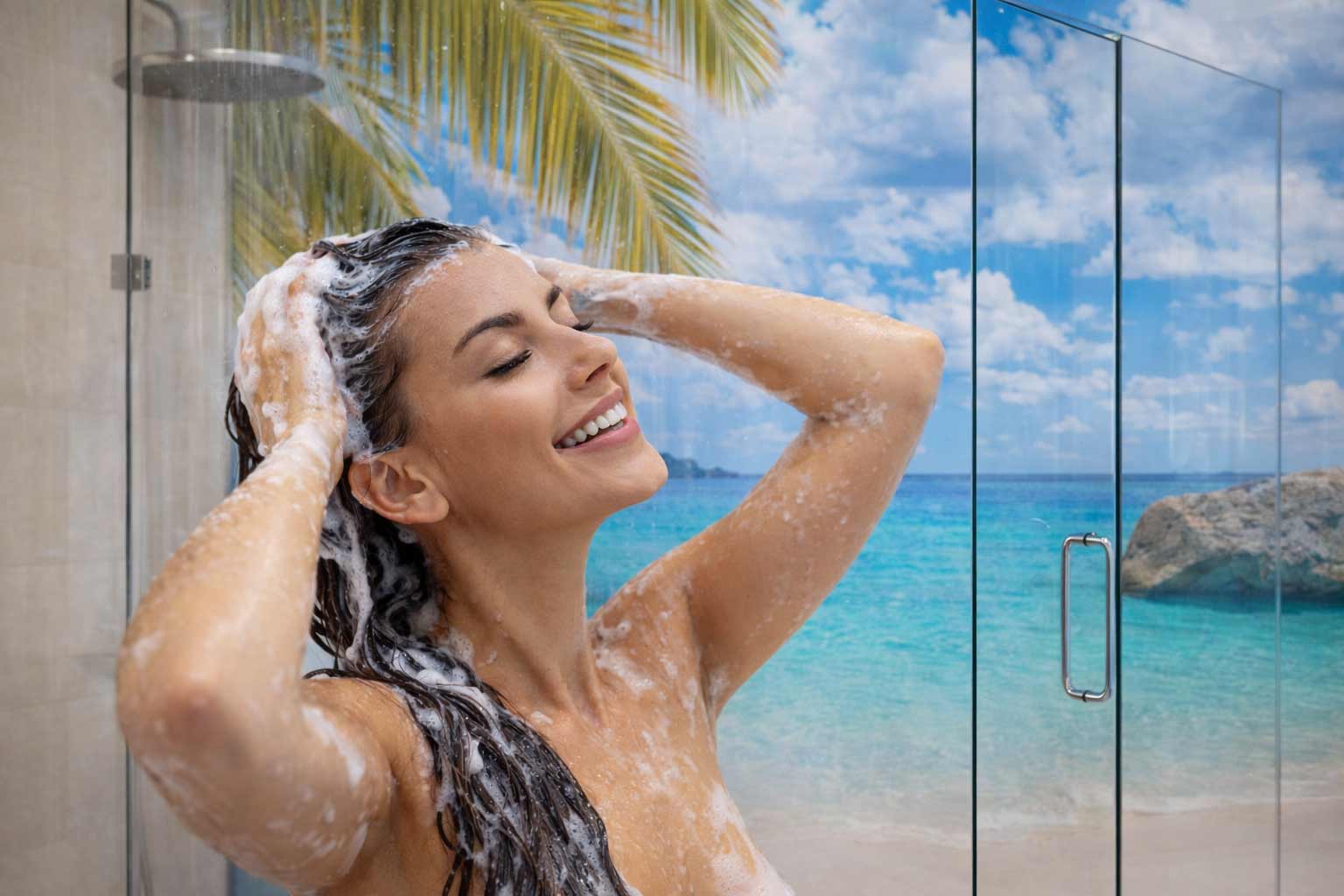 Duschrückwand im tropischem Design