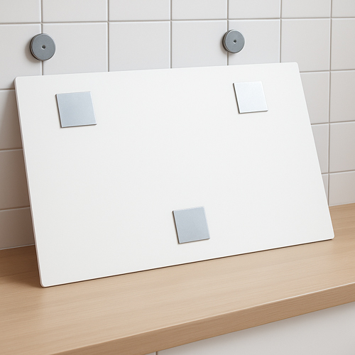 Rückseite der Platte mit drei Aufhänger; an der Wand Magnet