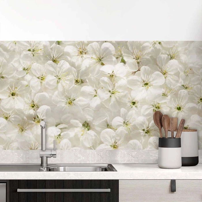 Küchenrückwand Folie weiße Kirschblüten