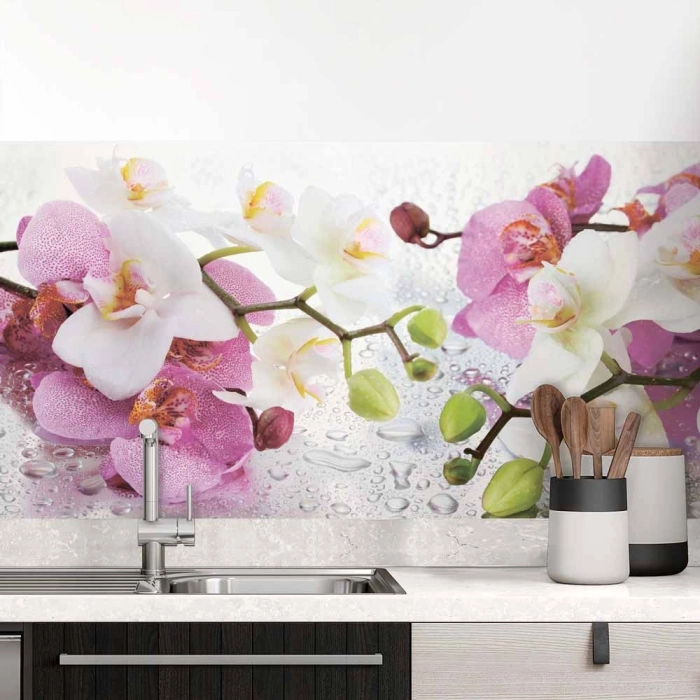 Küchenrückwand Folie Orchidee in Pink & Weiß