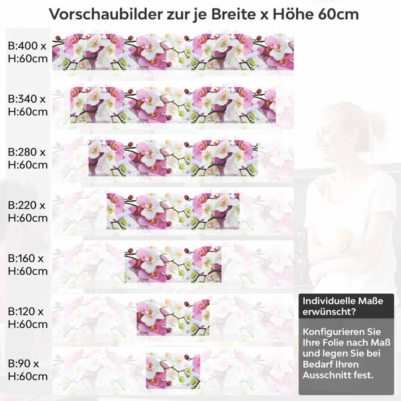 Küchenrückwand Folie Orchidee in Pink & Weiß Höhe 60cm