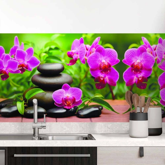 Küchenrückwand Folie Steine Orchideen Bambus & Kerzen