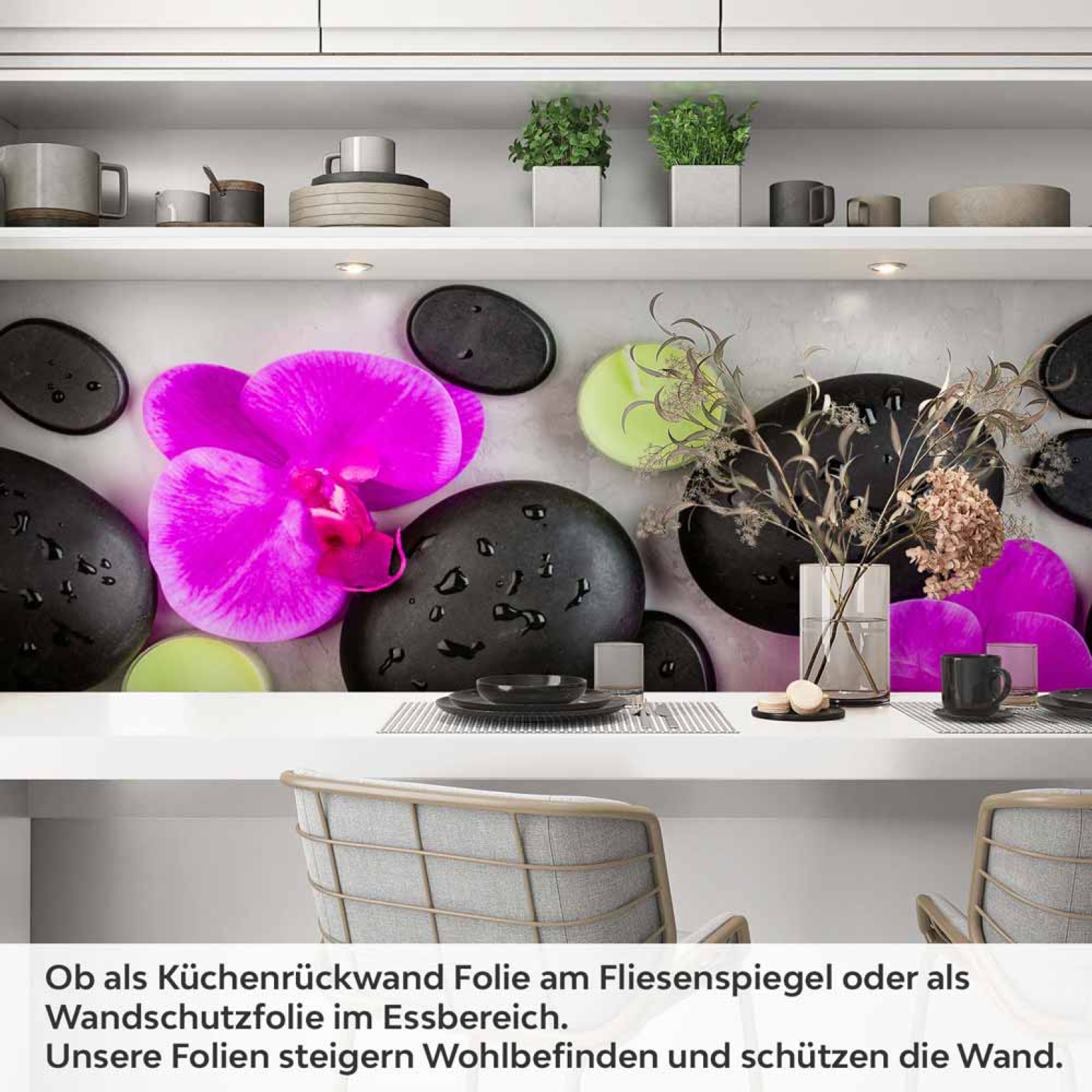Küchenrückwand Folie Basaltsteine & Orchideen Artikelbild 1