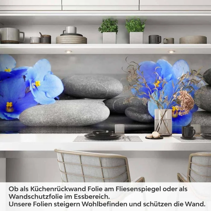 Küchenrückwand Folie blaue Blumen Zen SPA Steine Artikelbild 1