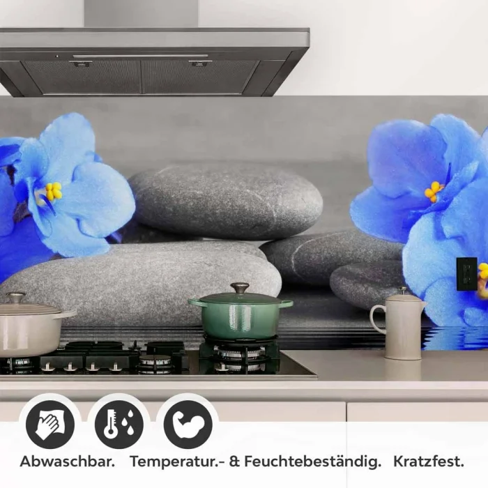 Küchenrückwand Folie blaue Blumen Zen SPA Steine Detailbild 1