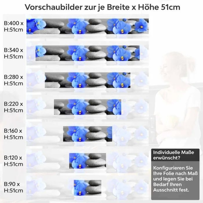 Küchenrückwand Folie blaue Blumen Zen SPA Steine Höhe 51cm