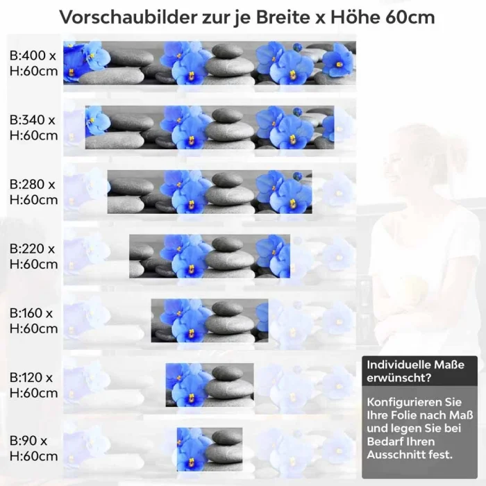 Küchenrückwand Folie blaue Blumen Zen SPA Steine Höhe 60cm