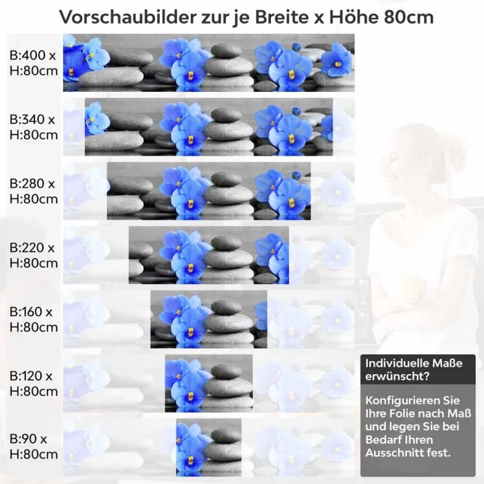 Küchenrückwand Folie blaue Blumen Zen SPA Steine Höhe 80cm