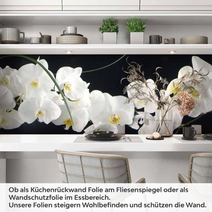 Küchenrückwand Folie weiße Orchideen - Eleganz auf dunklem Hintergrund Artikelbild 1