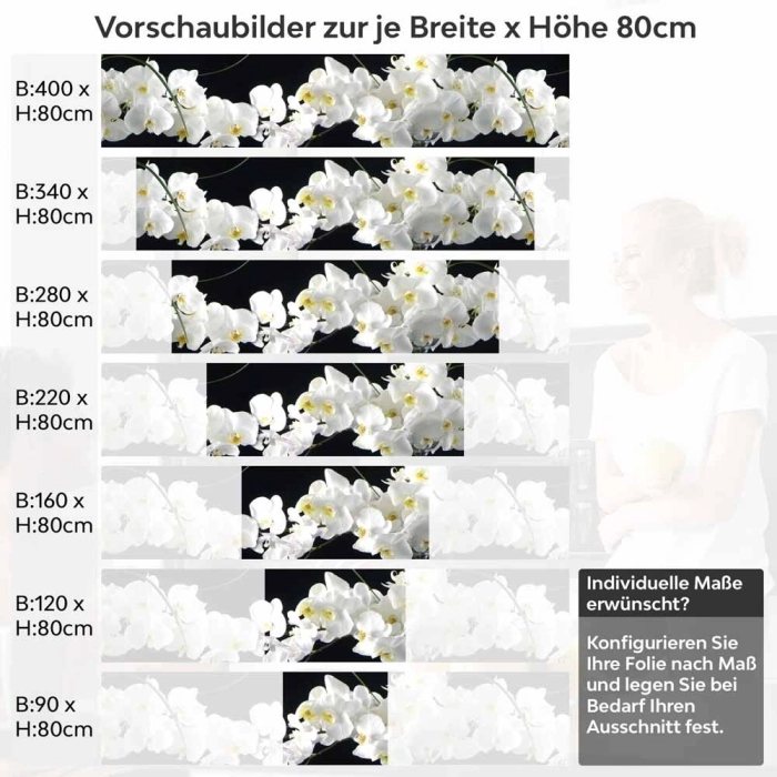 Küchenrückwand Folie weiße Orchideen - Eleganz auf dunklem Hintergrund Höhe 80cm