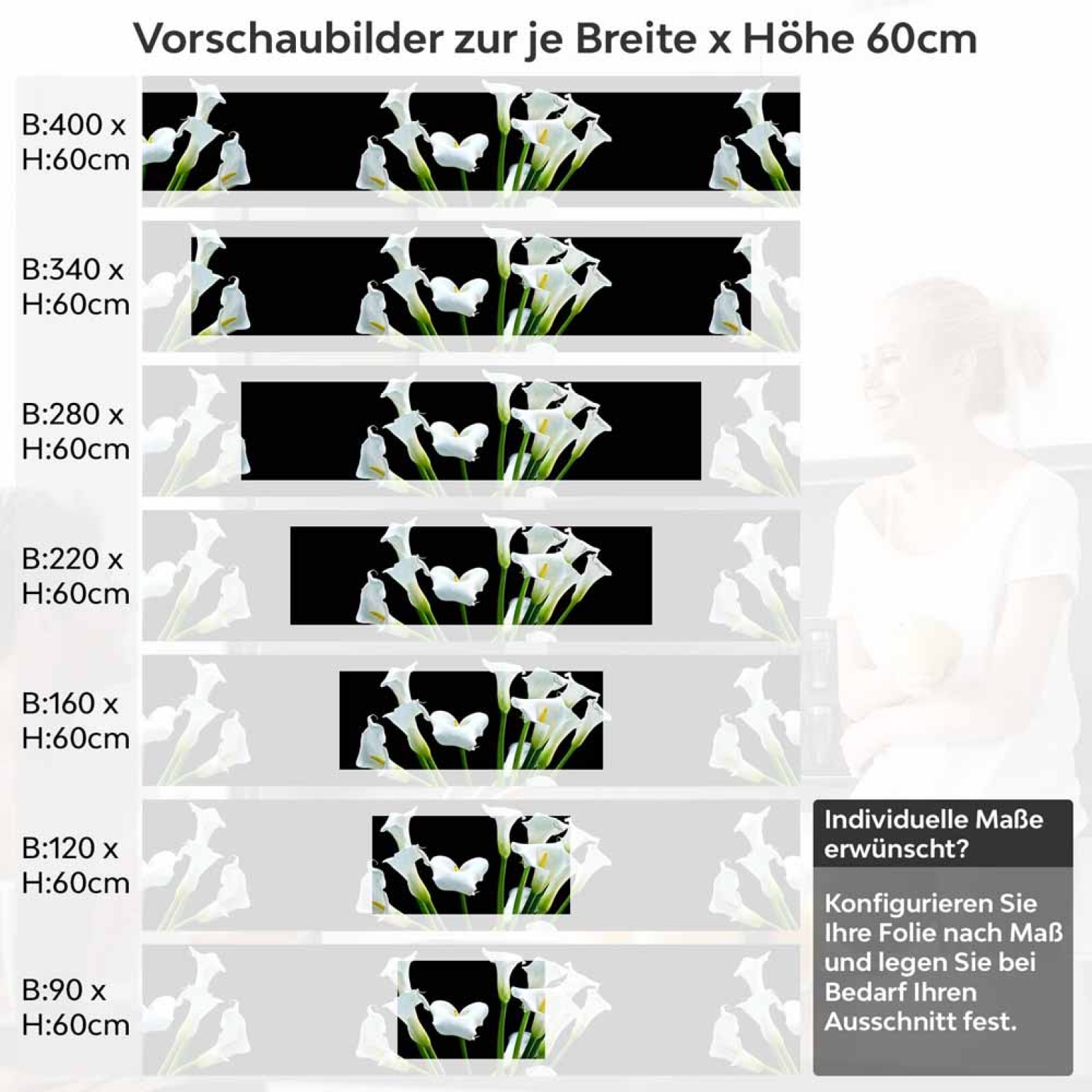 Küchenrückwand Folie weiße Calla-Lilien Höhe 60cm
