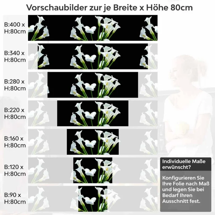 Küchenrückwand Folie weiße Calla-Lilien Höhe 80cm