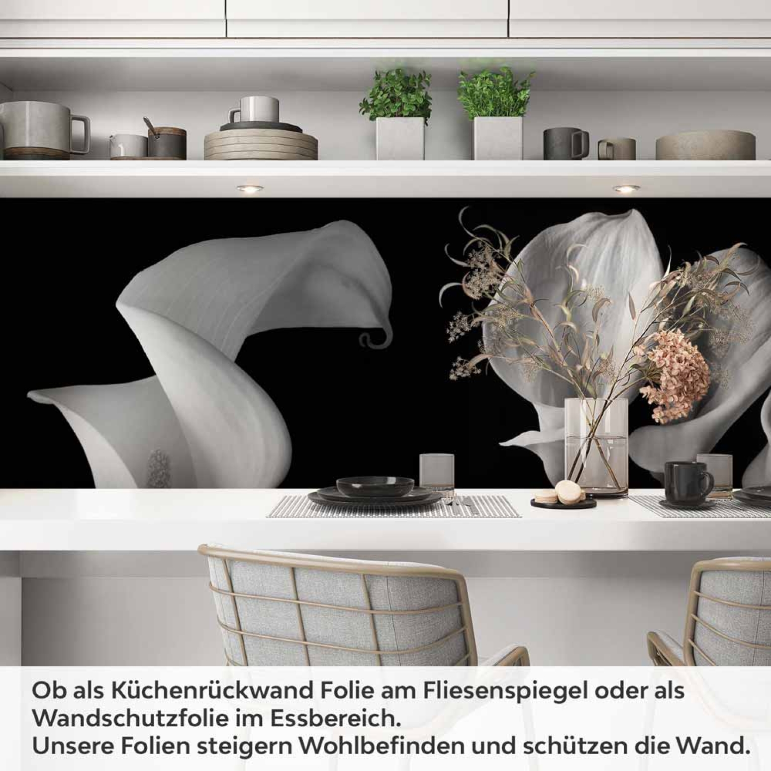 Küchenrückwand Folie monochrome Blumen - Stilvolle Calla-Lilien Artikelbild 1