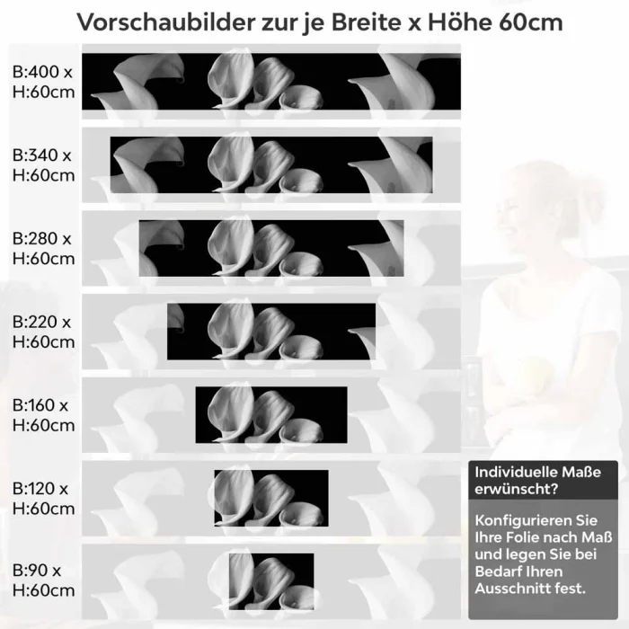 Küchenrückwand Folie monochrome Blumen - Stilvolle Calla-Lilien Höhe 60cm