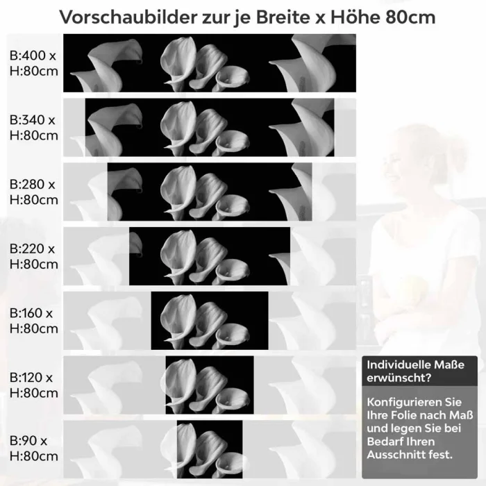 Küchenrückwand Folie monochrome Blumen - Stilvolle Calla-Lilien Höhe 80cm