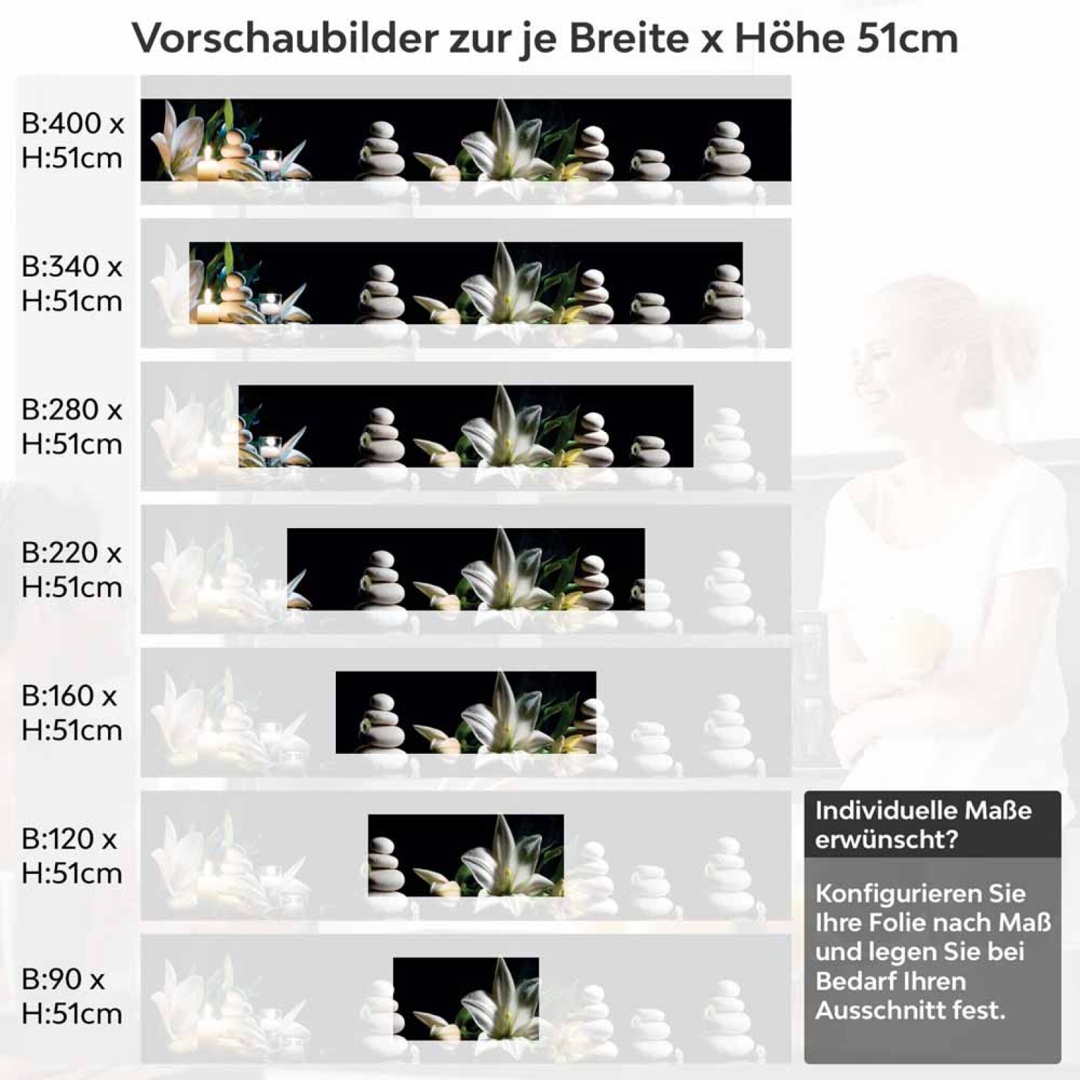 Küchenrückwand Folie asiatische Harmonie - Zen-Motiv mit Lilien Höhe 51cm