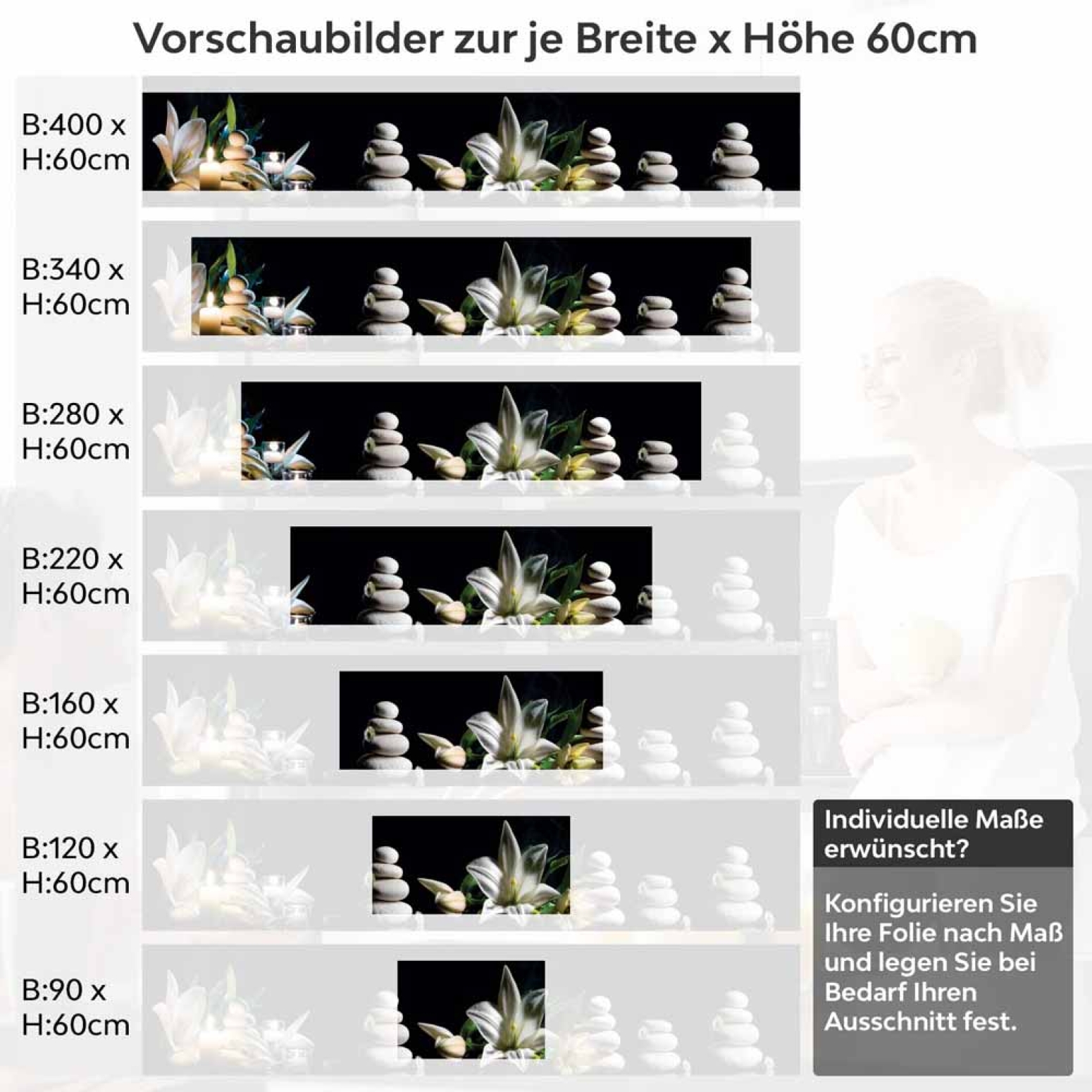 Küchenrückwand Folie asiatische Harmonie - Zen-Motiv mit Lilien Höhe 60cm