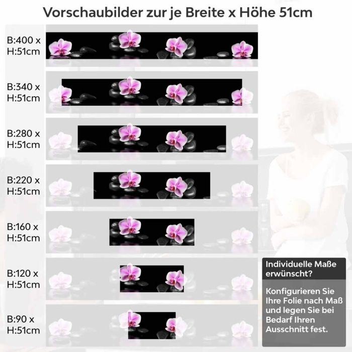 Küchenrückwand Folie Orchideenblüten in zartem Rosa-Violett Höhe 51cm