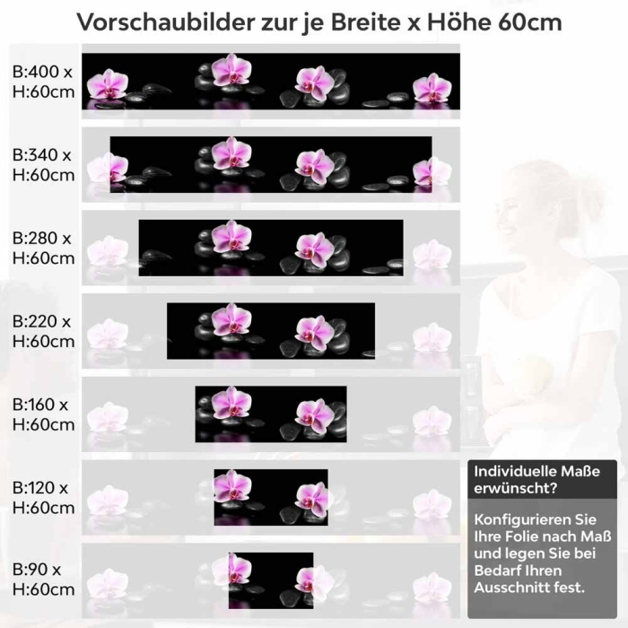 Küchenrückwand Folie Orchideenblüten in zartem Rosa-Violett Höhe 60cm