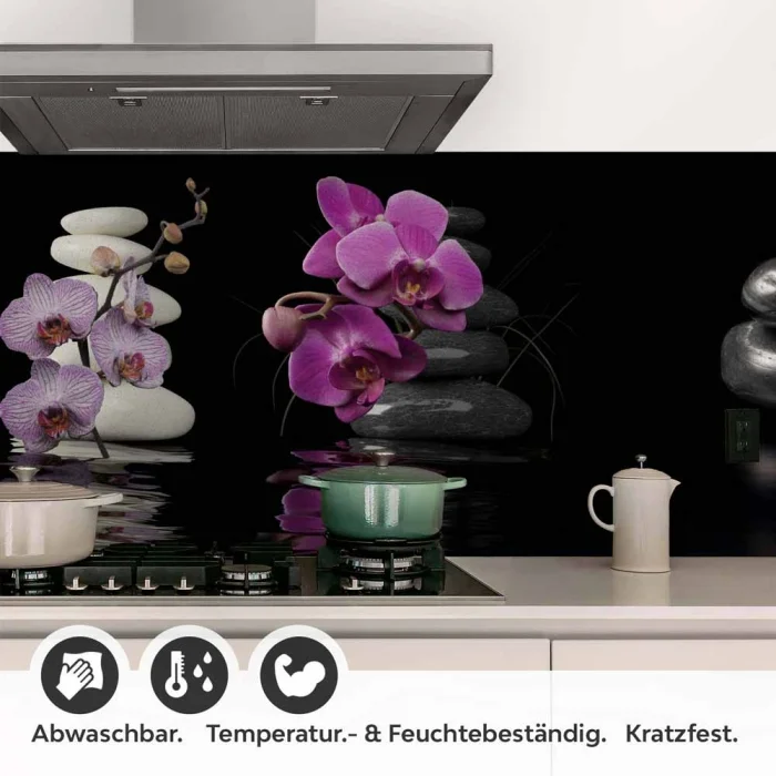 Küchenrückwand Folie Violette Orchideen - Zen-Motiv mit Reflexion Detailbild 1