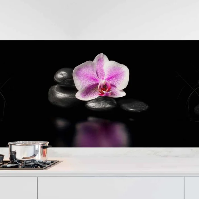Küchenrückwand Folie Violette Orchideen - Zen-Motiv mit Reflexion Hauptbild