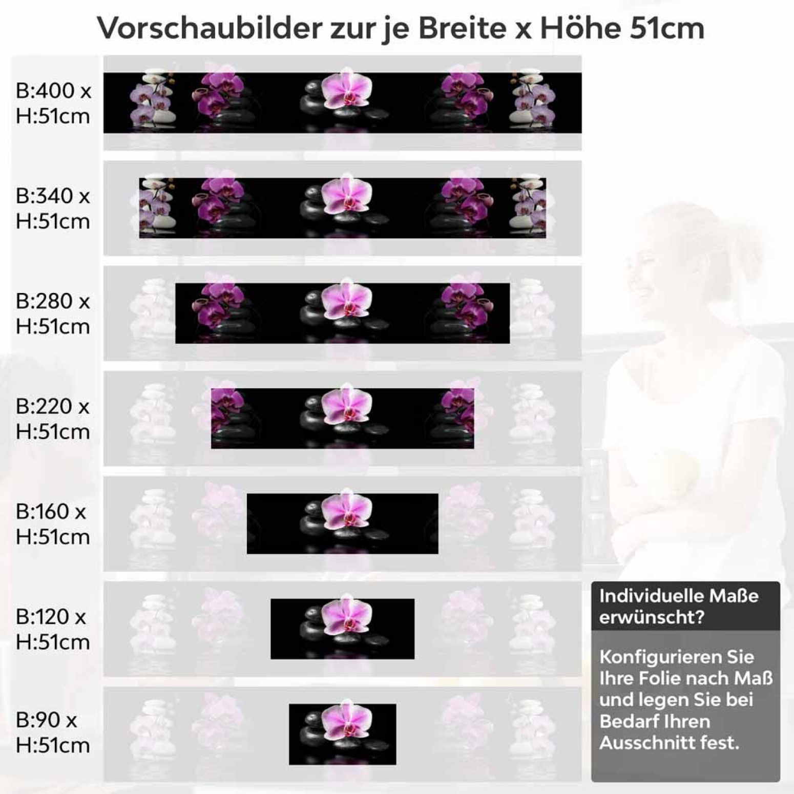 Küchenrückwand Folie Violette Orchideen - Zen-Motiv mit Reflexion Höhe 51cm