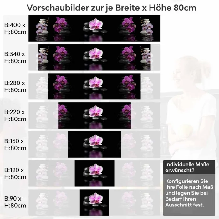 Küchenrückwand Folie Violette Orchideen - Zen-Motiv mit Reflexion Höhe 80cm