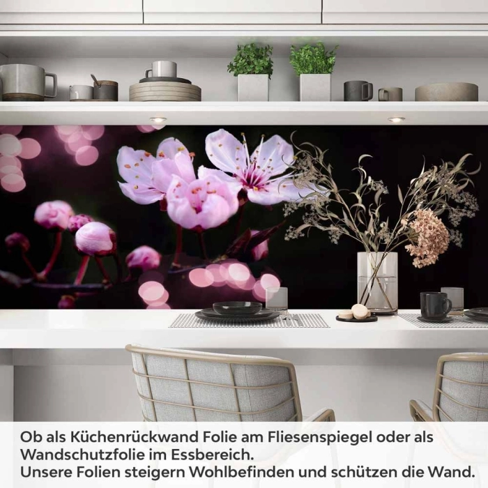 Küchenrückwand Folie Kirschblüte - Dunkler Hintergrund mit Bokeh Artikelbild 1