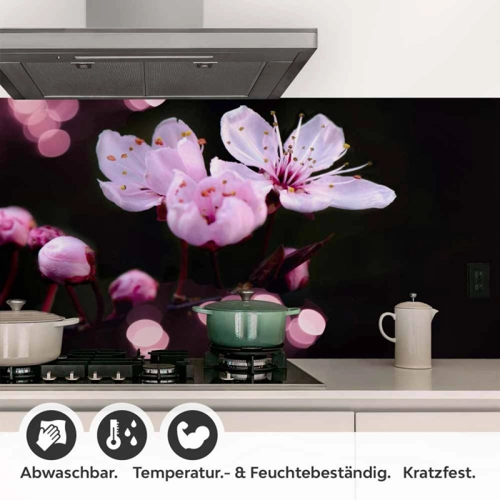 Küchenrückwand Folie Kirschblüte - Dunkler Hintergrund mit Bokeh Detailbild 1