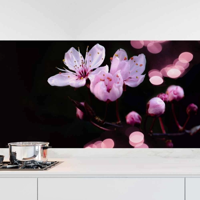 Küchenrückwand Folie Kirschblüte - Dunkler Hintergrund mit Bokeh Hauptbild