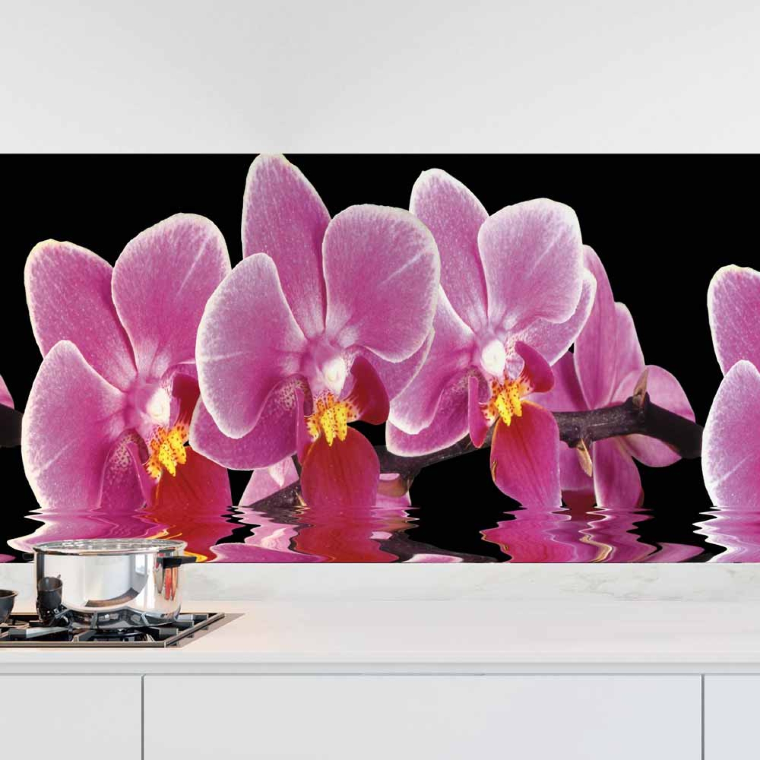 Küchenrückwand Folie Orchideen Pink - Pink auf Schwarz