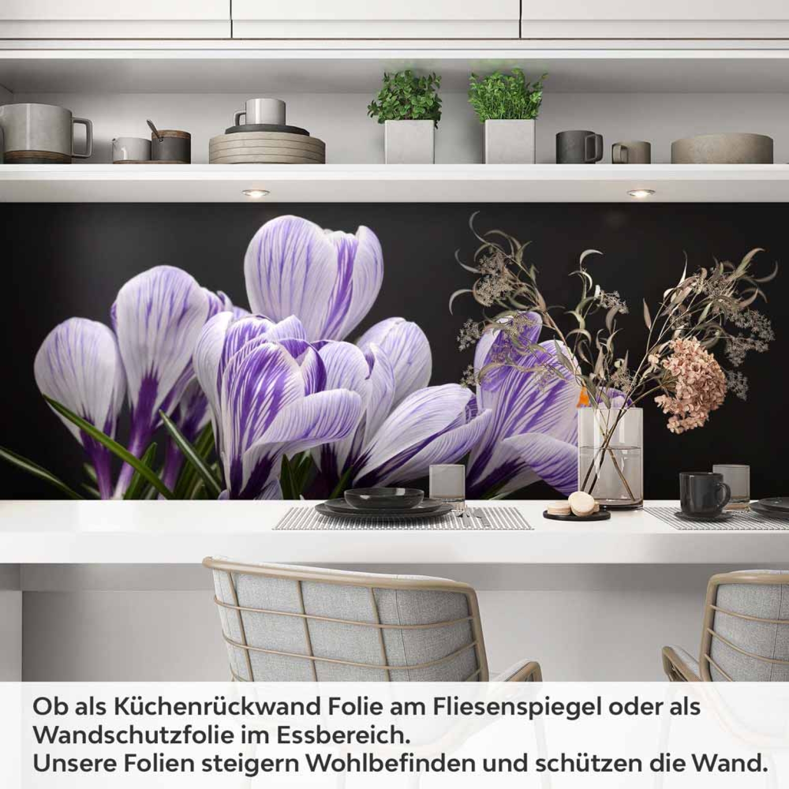 Küchenrückwand Folie Krokusblüten - edles Lila auf Schwarz Artikelbild 1