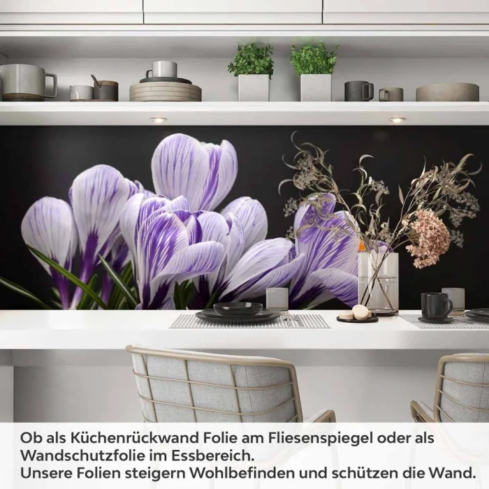 Küchenrückwand Folie Krokusblüten - edles Lila auf Schwarz Artikelbild 1