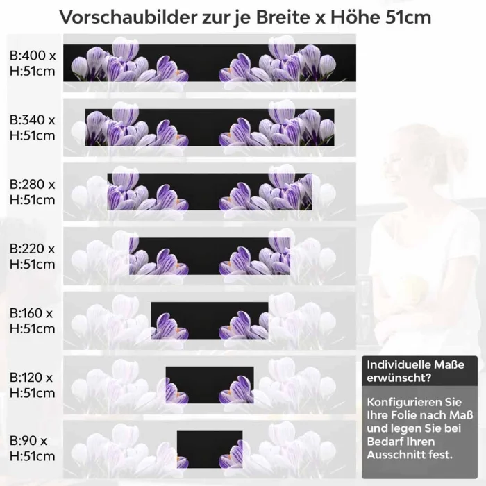 Küchenrückwand Folie Krokusblüten - edles Lila auf Schwarz Höhe 51cm