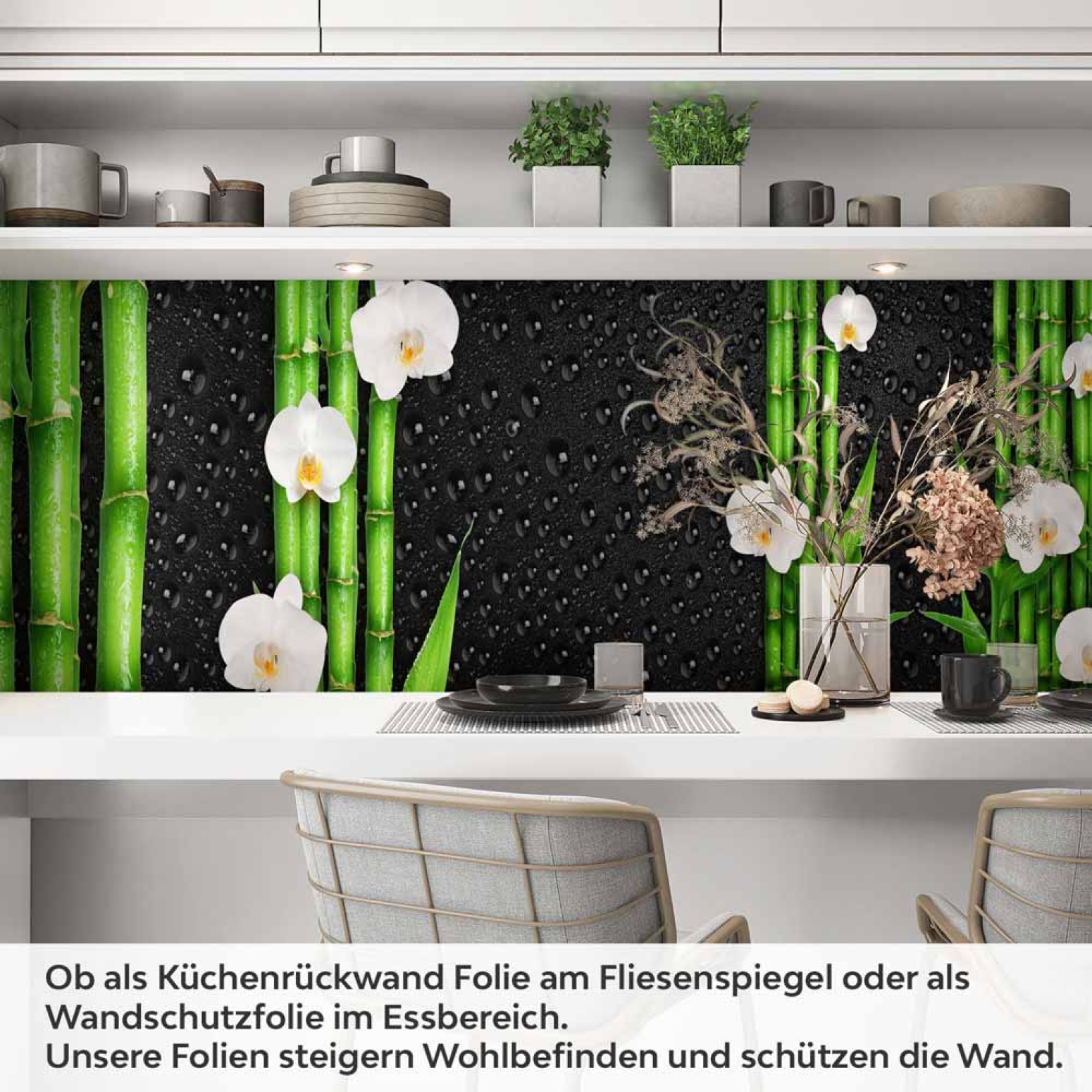 Küchenrückwand Folie asiatische Ruhe - Bambus & weiße Blüten Artikelbild 1