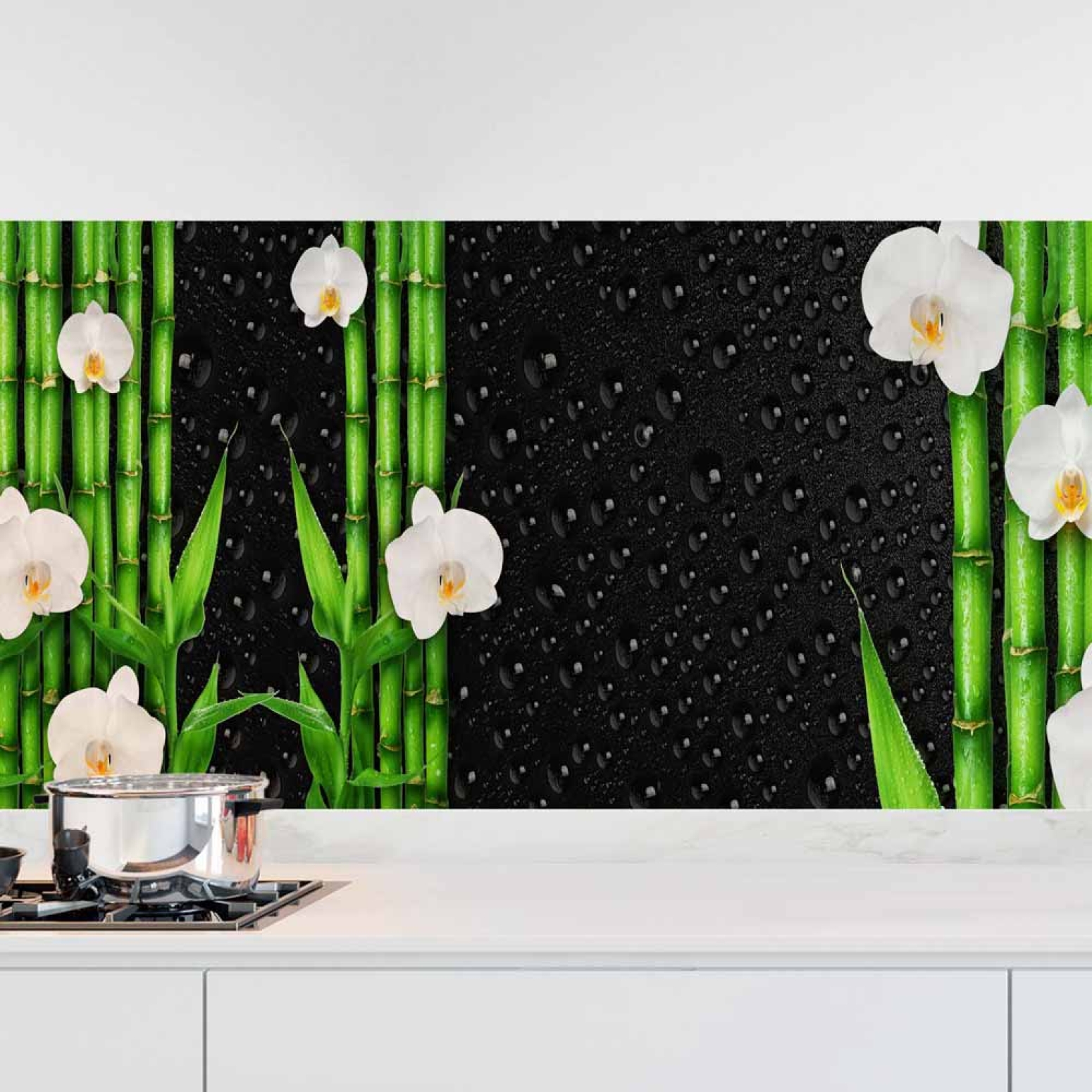 Küchenrückwand Folie asiatische Ruhe - Bambus & weiße Blüten