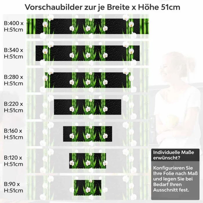 Küchenrückwand Folie asiatische Ruhe - Bambus & weiße Blüten Höhe 51cm