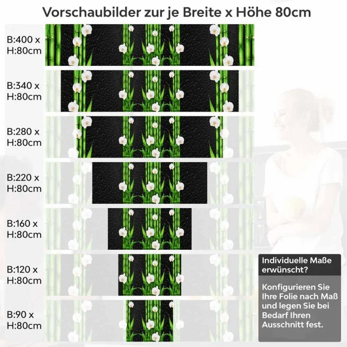 Küchenrückwand Folie asiatische Ruhe - Bambus & weiße Blüten Höhe 80cm