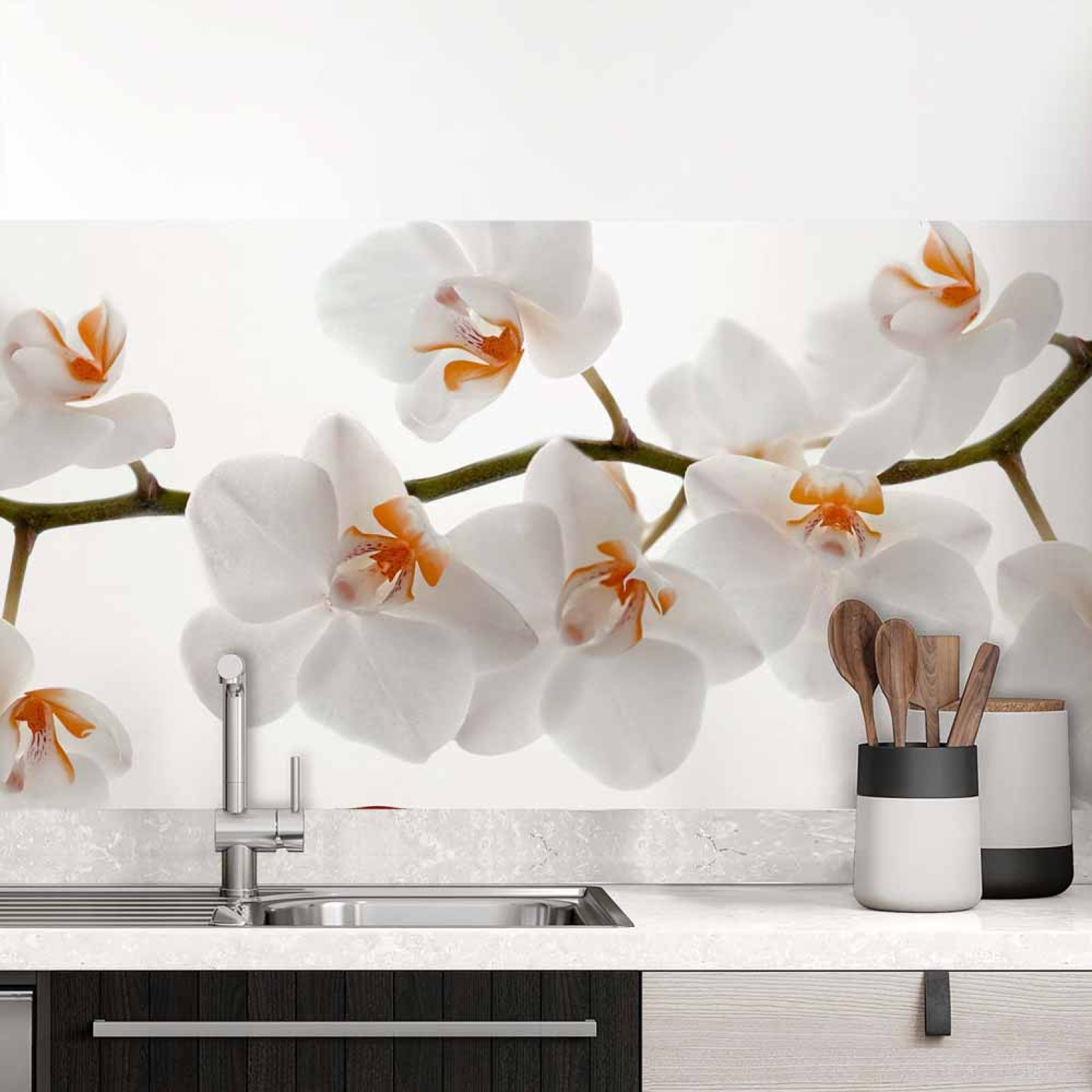 Küchenrückwand Folie Weiße Orchideen - Harmonie für Ihre Küche