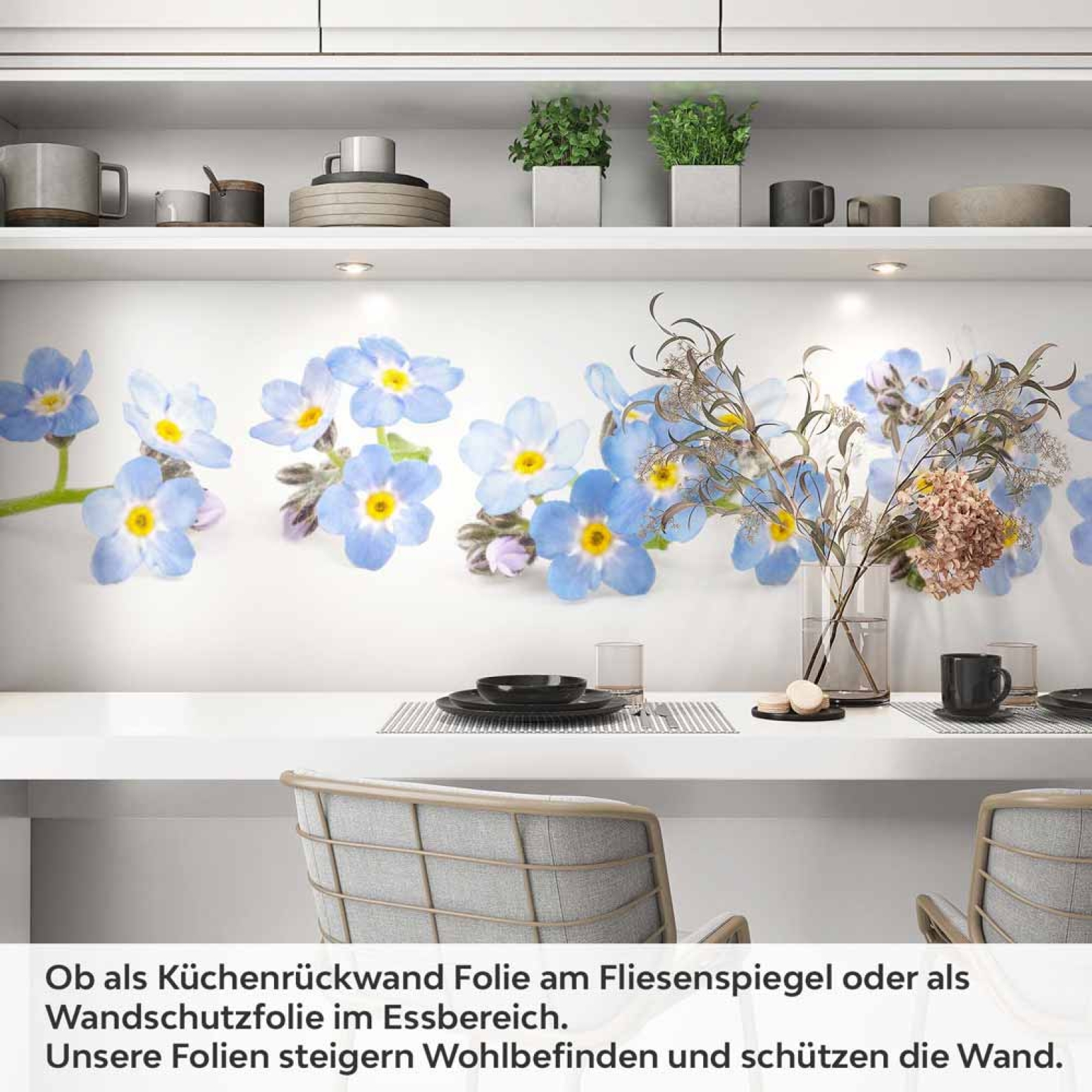 Küchenrückwand Folie Vergissmeinnicht – Zeitlose Eleganz in Blau Artikelbild 1