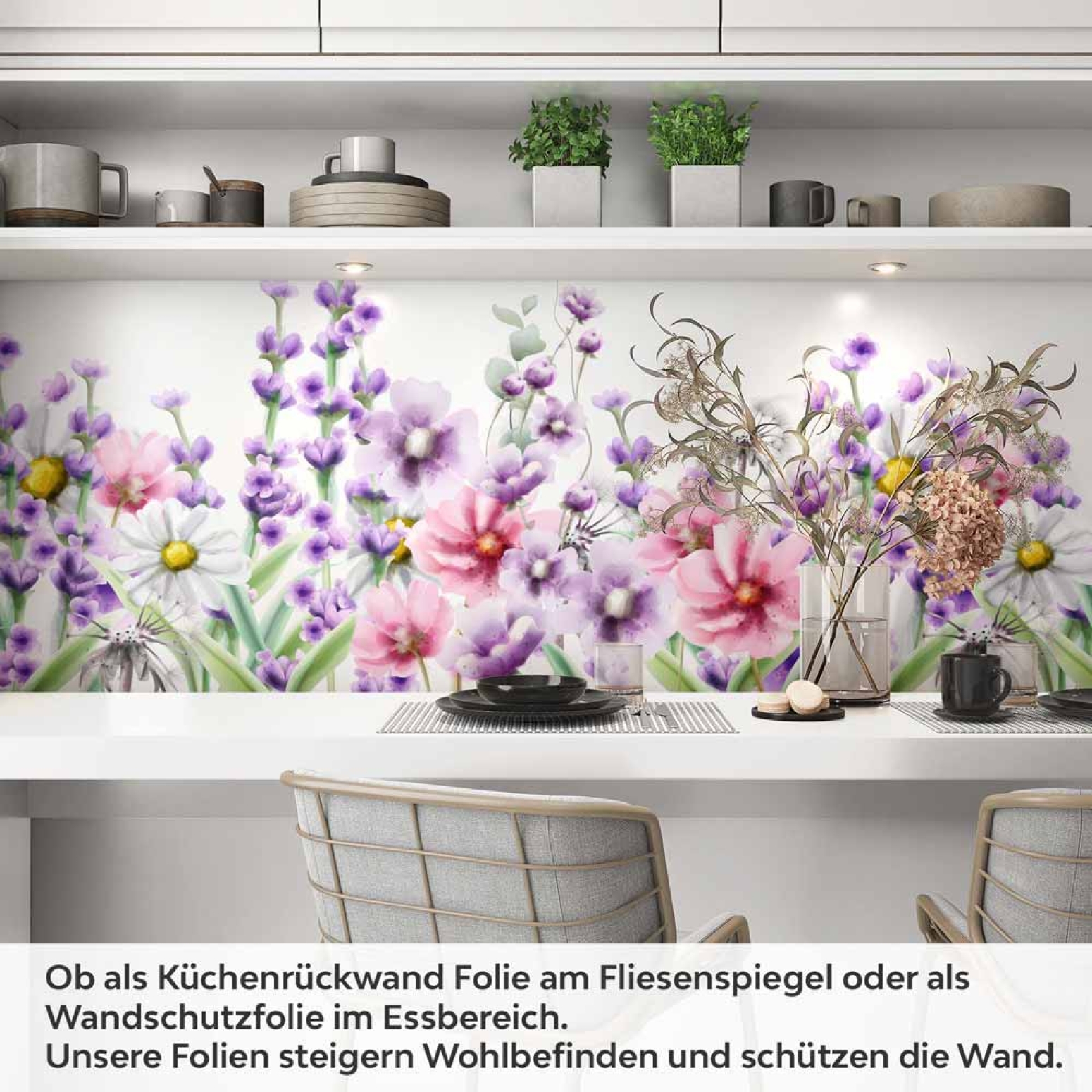 Küchenrückwand Folie Aquarell-Blumen - Stilvolle Akzente in zarten Pastelltönen Artikelbild 1