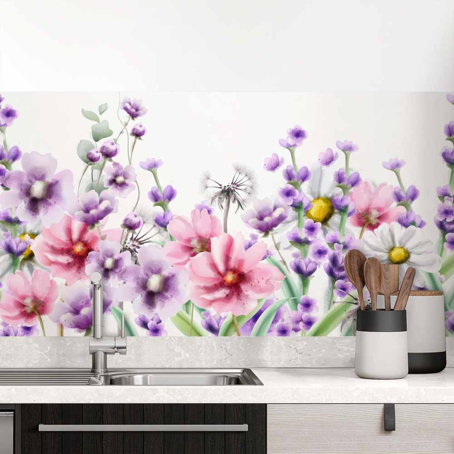 Küchenrückwand Folie Aquarell-Blumen - Stilvolle Akzente