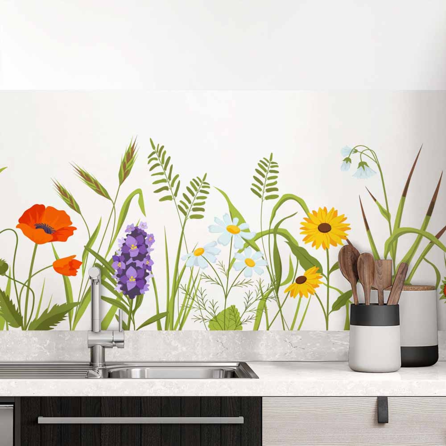 Küchenrückwand Folie Naturwiese - Design mit Gräsern und Blumen