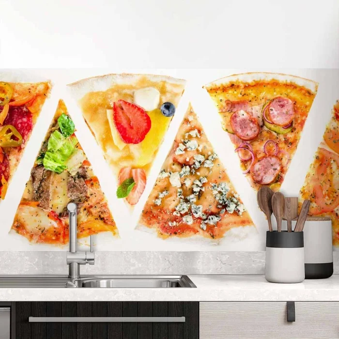 Küchenrückwand Folie Pizzagenuss - Viva Italia Bunte Pizza-Motive Hauptbild 1
