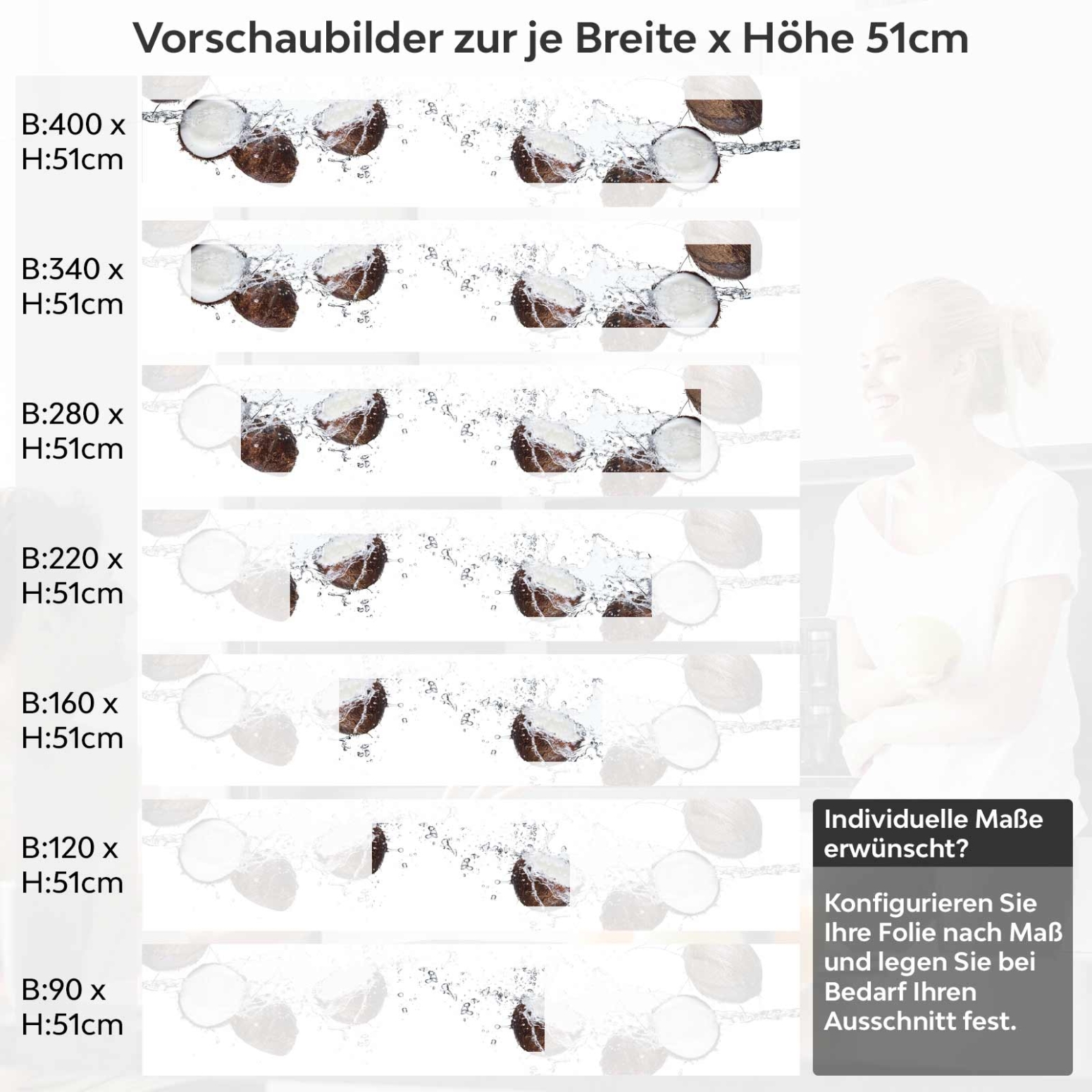 Küchenrückwand Folie Kokosnuss Splash Variantenauswahl Vorschaubild Höhe 51cm