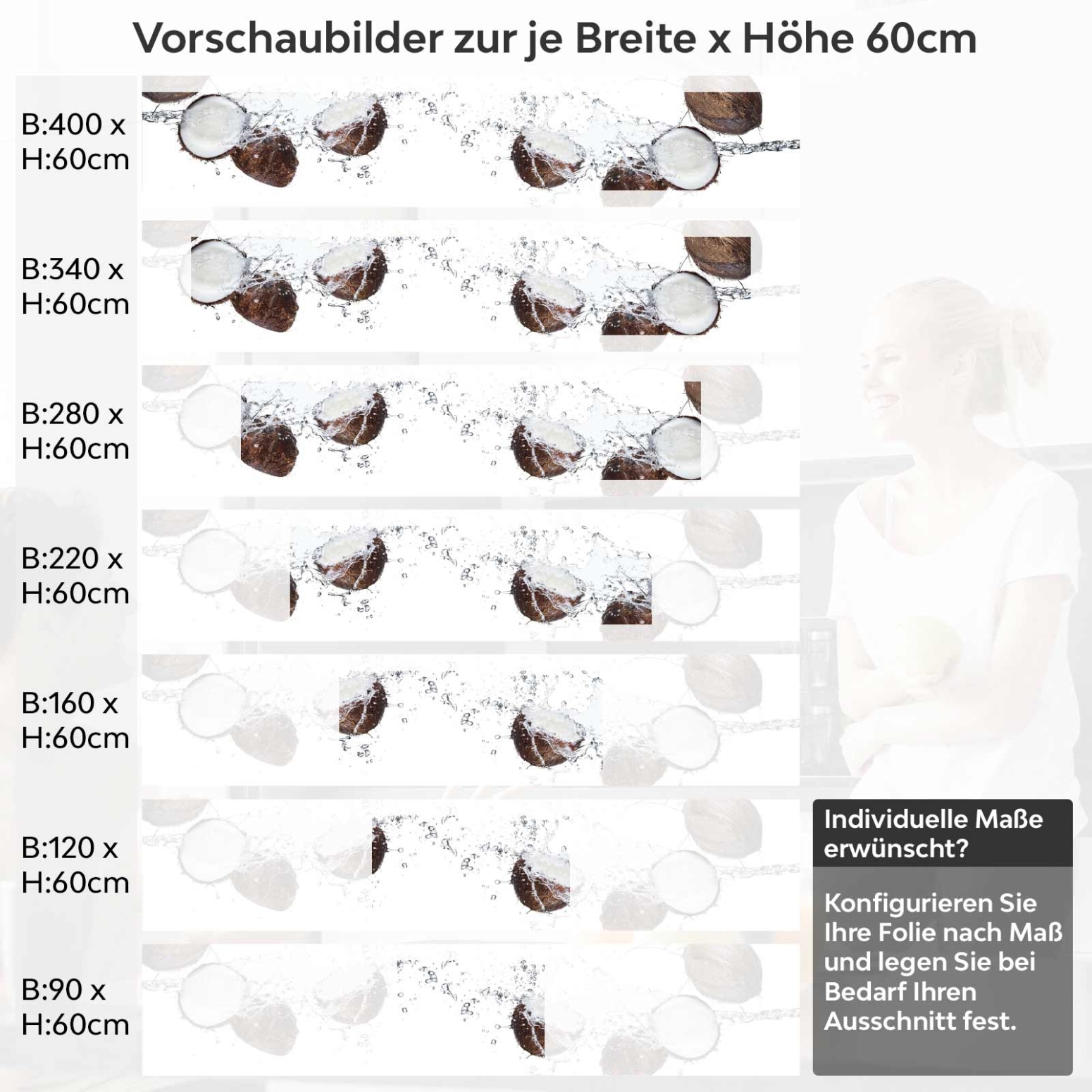 Küchenrückwand Folie Kokosnuss Splash Variantenauswahl Vorschaubild Höhe 60cm