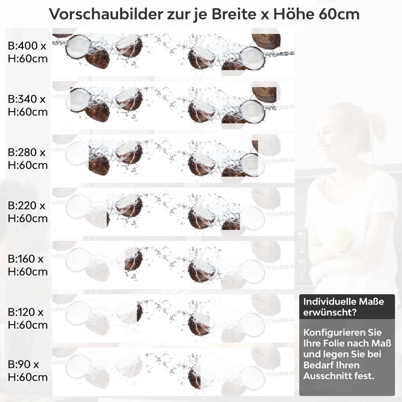 Küchenrückwand Folie Kokosnuss Splash Variantenauswahl Vorschaubild Höhe 60cm