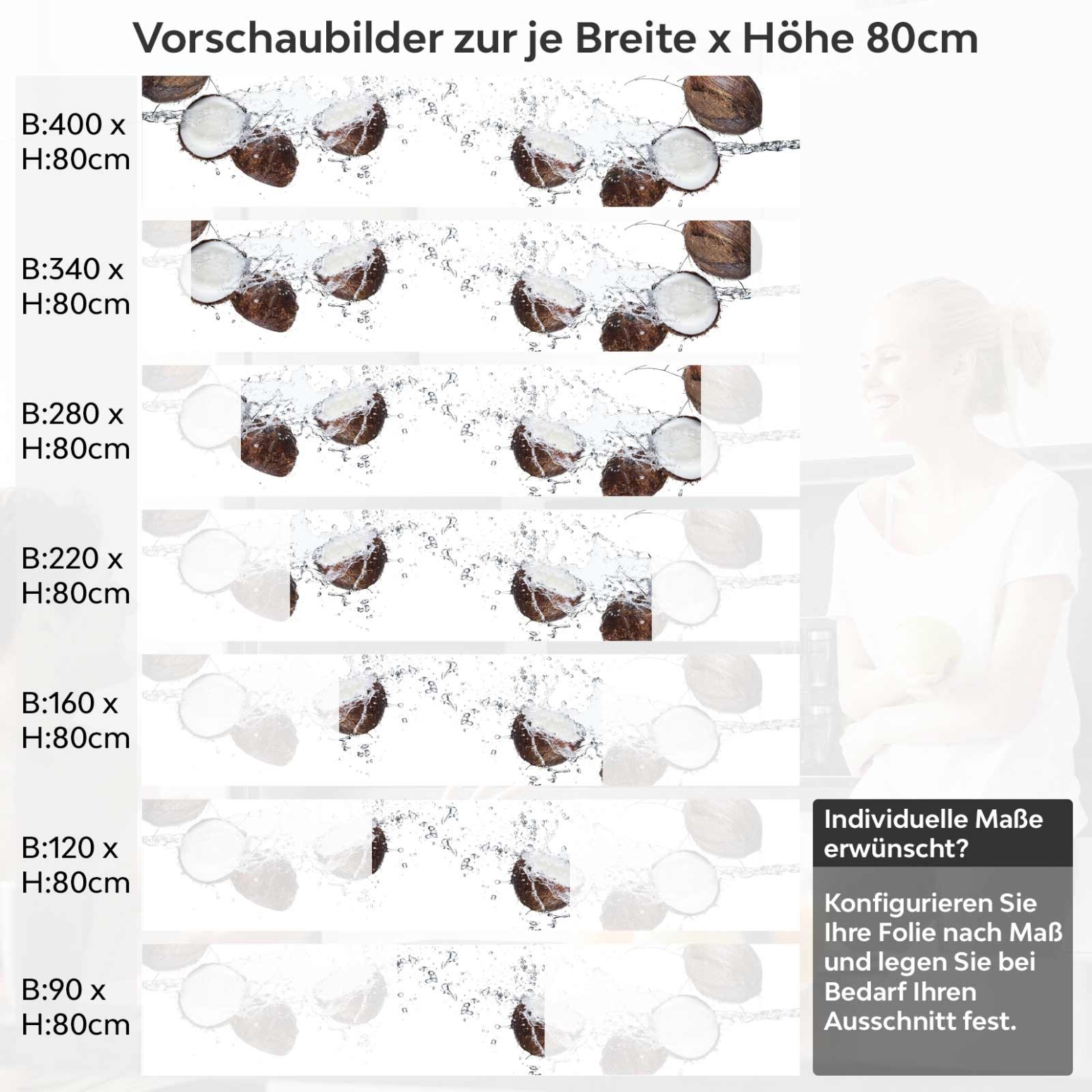 Küchenrückwand Folie Kokosnuss Splash Variantenauswahl Vorschaubild Höhe 80cm