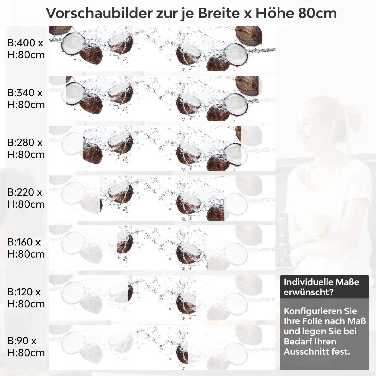 Küchenrückwand Folie Kokosnuss Splash Variantenauswahl Vorschaubild Höhe 80cm